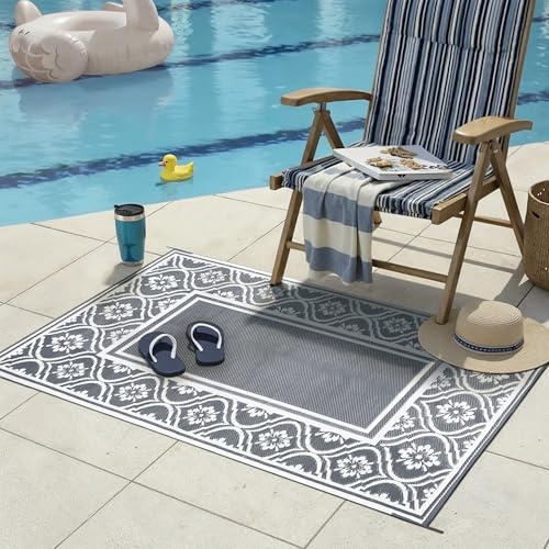 PureCozy Alfombra para exteriores, 120 x 180 cm, resistente a la intemperie, reversible, para balcón, camping, gris, plástico, paja, terraza, resistente a los rayos UV, alfombra para exteriores