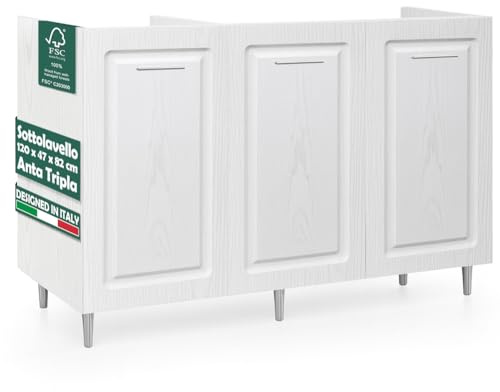 Shally Dogan Mobile Sottolavello Base per Cucina con Tre Ante Design Boiserie, Mobiletto Componibile con Struttura in Legno Robusta, Mobile Sotto Lavello, 120 x 50 x 85H cm (Bianco Frassinato)