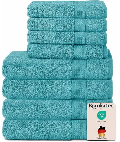Komfortec Handtuch Set 8 Teilig aus 100% Baumwolle, Aqua | 4 Badetücher 70x140 cm, 4 Handtücher 50x100 cm, Frottee, Flauschig und Saugstark