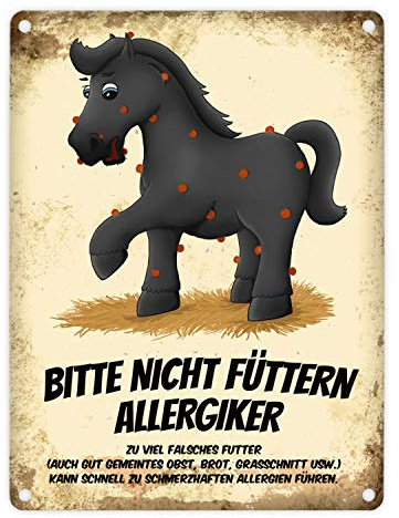 Metallschild mit schwarzes Pferd Motiv und Spruch: Bitte nicht füttern - Allergiker
