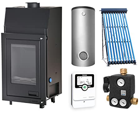 Aquaflam KS2035 Basic 7 wasserführender Kamineinsatz Komplett-Set + Pufferspeicher mit 2 SWT + Solarthermie-Set 1 (8 m²)