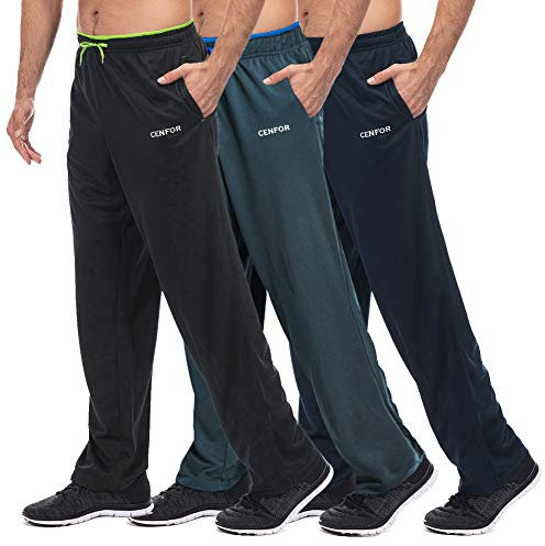 Men's Sweatpant with Pockets Open Bottom Athletic Pants,3 Piece, Jogging, Workout, Gym, Running, Hiking, Training, Set(Black,Gray,Navy Blue,L)