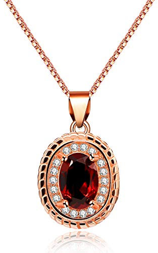 Uloveido Frauen Oval Rote Granat Stein Anhänger Halskette Rose Gold Überzogene Silber Halskette für Mädchen Mom Friend Januar Schmuck Geburtstagsgeschenk FN114