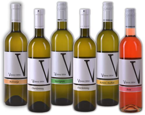 VIPAVA 1894 Weißwein Probierpaket White Label (Gelber Muskateller, Sauvignon, Chardonnay, Grauburgunder, Malvazija, Rosè), Weißwein Verkostung, Qualitätswein - ZGP (6 x 0.75 l)