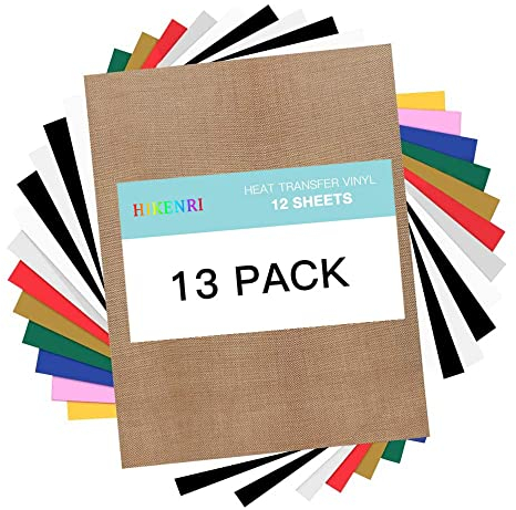HTV Vinyl Bundles 13 Pcs(12x10)9 Colors Heat Transfer Vinyl,HIKENRI HTV Bundle Adhesive Vinyl Iron on Vinyl for T-Shirt,White Black Sliver Red Gold Green Blue Pink Orange Vinyl With a Teflon Sheet