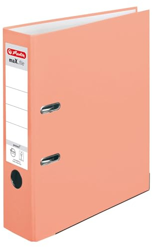 Herlitz® Ordner Q.file | Rücken 8 cm | PP-Folie | Büroorganizer für A4 Dokumente | Wechseletikett | Hebelmechanik mit Druckleiste | Passt 600 Blatt | Lachs