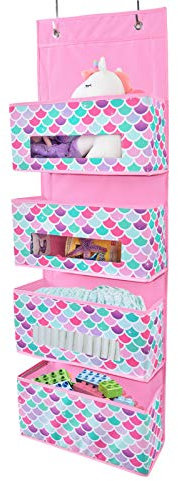 WERNNSAI Mermaid Over the Door Hanging Organizer - 4 Clear Window Pockets Closet Diaper Behind Door Hanging Storage Hanger for Kids Baby Girls Bedroom Nursery Wall Organizer Decor