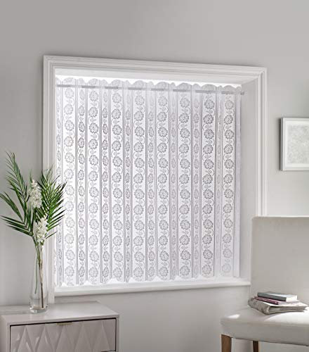 Milan - Floral Patterned, Vertical Louvre Style Window Blind, Pleated Lace Panel Curtain, with café curtain style top in White (Width - 72 (183cm) x Drop - 48 (122cm))