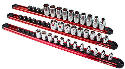 MichaelPro MP014001 3-Piece Aluminum Socket Organizer Rail Set- 1/4-inch, 3/8-Inch, and 1/2-Inch Drive Tool Socket Organizers Hold 46 Sockets, Heavy Duty Socket Storage