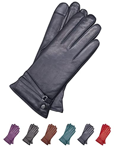 AKAROA ESTD 2019 Lederhandschuhe Damen ISA2, Touchscreen Funktion, italienisches Leder, recyceltes Strickfutter aus 50% Kaschmir und 50% Wolle, 4 Größen S - XL, marineblau, L - 8