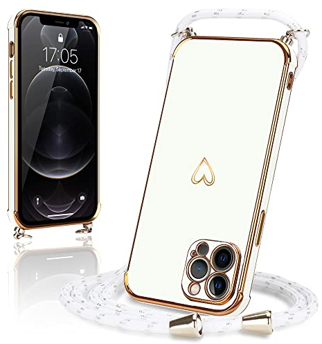Micoden Handykette kompatibel mit iPhone 12 Pro Max Hülle Ultra dünn Kameraschutz Herz Love Design Galvanik TPU Silikon Bumper Kordel zum Umhängen Handyhülle mit Band Schutzhülle,Weiß