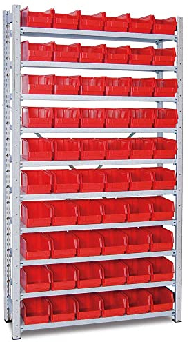 Steckregal verzinkt, 10 Böden, BxTxH 1070x315x2000 mm mit 60 Sichtboxen LB 4 rot