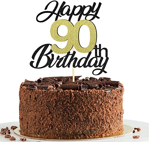 Sumerk 90 Tortenaufsätze zum 90. Geburtstag, Tortenaufsätze, Geburtstagsfeier, Dekorationszubehör, Gold und Schwarz, 1 Packung