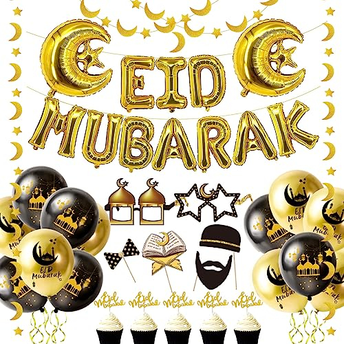 iZoeL Eid Mubarak Dekoration Gold, Eid Mubarak Folienballon Girlande, Mond Sterne Banner; Party Fotorequisiten, Mond Stern Folienballon, Eid Ramadan Luftballon, Eid Mubarak Cake Topper Tischdeko