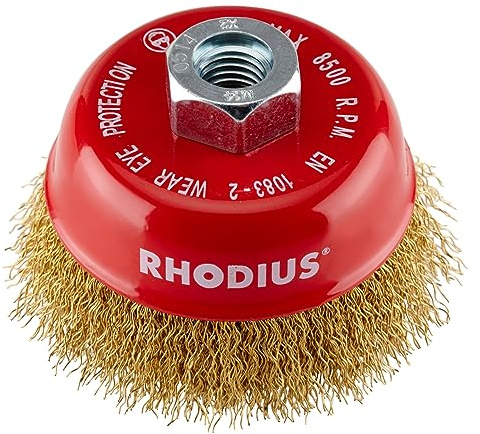 RHODIUS MTBW | 1 Stück Ø 80 mm Topfbürste vermessingt | gewellter Draht 0,3 mm, M14, Drahtbürste Winkelschleifer, Reinigungsbürste, Stahlbürste