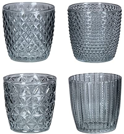 4er Set Windlicht H7,5cm Glas Grau Teelichthalter Tischdeko Kerzen Retro Deko Kerze Transparent Kerzenhalter Tischdeko Deko