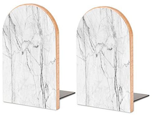 Serre-Livres en Bois craquelé en marbre Blanc pour étagères, Serre-Livres antidérapants, Support de Serre-Livres en Bois Robuste pour Livres et Films (1 Paire/2 pièces)