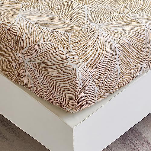 Spannbettlaken 180x200 cm - Tropisches Blättermuster - Spannbettuch Bis 30 cm Matratzenhöhe - Bettlaken Weiche Polyester-Mikrofaser Beige