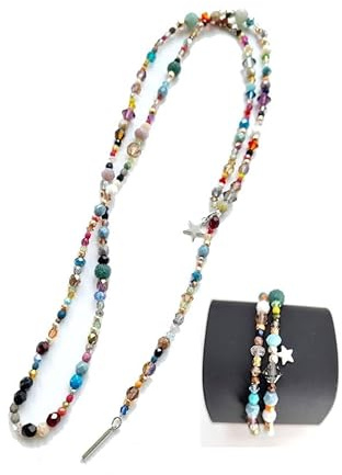 Schmuckset bunte lange Y-Kette mit Anhänger und passendes Armband aus einem zufälligen Mix verschiedener Perlen mit silbernem Stern Anhänger für Frauen, im Hippie Buddha Boho Style