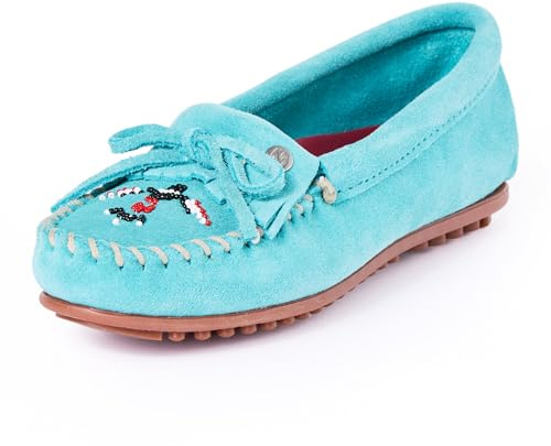 Minnetonka Women’s Thunderbird “Animikii” Hardsole – Moccasins for Women with a Classic Leather Moccasin Silhouette, Cushioned Footbed, and Beaded Moccasin Design, Turquoise, Size 8