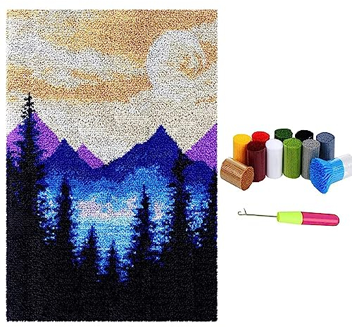 Knüpfteppich Zum Selber knüpfen mit Kissen, Teppich Set mit Werkzeug Knüpfsets Latch Hook Kit für Erwachsene, Knüpfen Teppich Knüpfpackung für Home Decor Geschenke (Berg, 60x80cm)