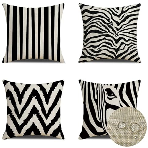 Wasserdichte Kissenbezugen 4er Set 50x50cm Dekorative Outdoor Kissen Wasserfest Atmungsaktiv Zebra Platz Leinen Kissenbezüge für Sofa wohnzimmer Garten Outdoor Dekorative Kissen Schwarz Weiß W-4271