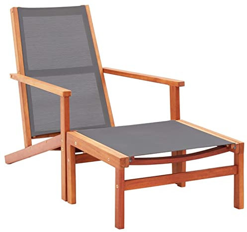 Homgoday Gartenstuhl mit Fußstütze Grau Massives Eukalyptusholz und Textilene Liegestühle für Outdoor Garten Terrasse und Hof Outdoor Sitzmöbel für Haus Esszimmer 5139