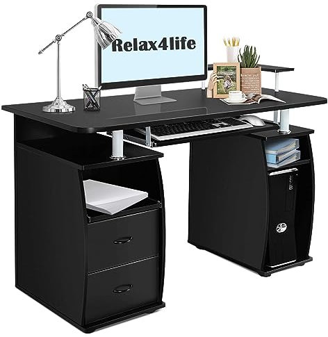 RELAX4LIFE Bureau d'Ordinateur avec 2 Tiroirs, Tablette Imprimante et Tablette à Clavier, Bureau Informatique avec Compartiments de Rangement pour Bureau Salon Étude, 120X55X85CM (Noir)