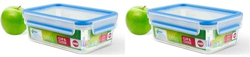 Emsa Clip & Close Conservador Hermético de Plástico Rectangular, Transparente y Azul, 1 L (19.5 x 13.6 x 7 cm) (Paquete de 2)