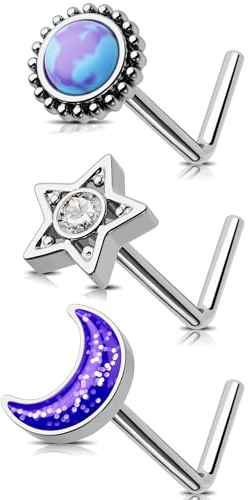 Jewseen Nase Studs L-Form Nase Piercing Schmuck 3Pcs Mond Nasenringe 20G Stern Nasenstecker Sonne Nase Schraube Edelstahl Nostril Piercing