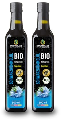 Kräuterland Bio Schwarzkümmelöl 2X500ml (1Liter), ungefiltert, mühlenfrisch aus unsrer hessischen Ölmühle, ohne Zusatzstoffe, hoher Thymochinon, Omega Fettsäuren, kaltgepresst, vegan, mild