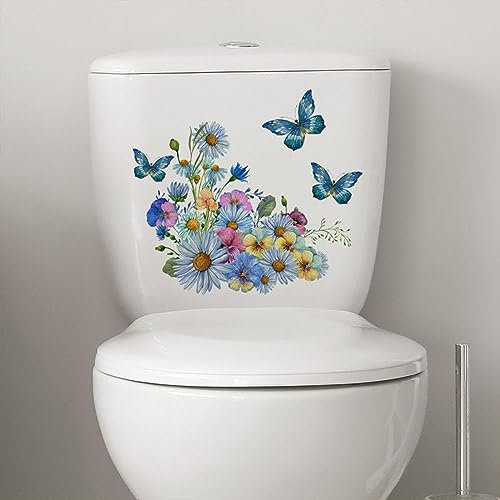Flowers and Butterflies Toilet Lid Stickers,Removable Vinyl Botanical Flower Toilet Seat Cover Decal,Waterproof Toilet Seat Cover Stickers,DIY Home Decoration Stickers for Bedroom Toilet Accessories