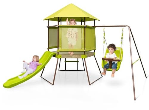 RELAX4LIFE 4 en 1 Parque Infantil de Madera, Columpio de Jardín con Tobogán para Niños, Columpio Ajustable en Altura, Casa re Juegos para Niños, 225 x 203 x 168 cm (Verde)