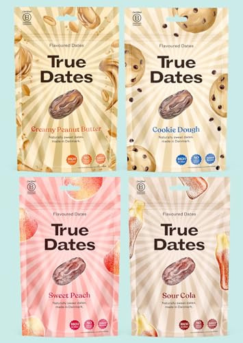 True Dates - MIXED 4 Flavours | Sour Cola, Sweet Peach, Creamy Peanut Butter, Cookie Dough | naturally flavoured sweet dates | No added sugar, Vegan, Palm Oil Free | 4x100 g