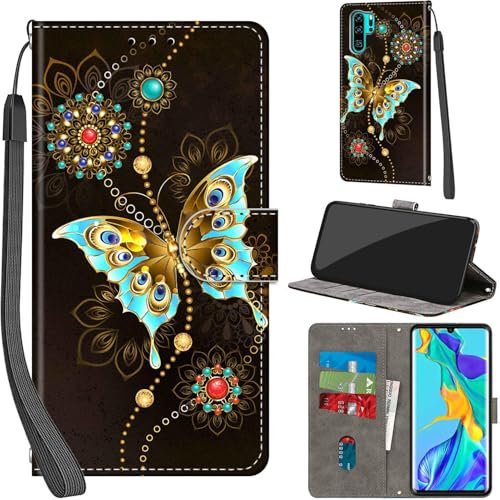 Handyhülle für Huawei P30 Pro Hülle PU Leder Schutzhülle Klappbar mit Kartenfach Ständer Handytasche mit Kameraschutz Flip Case Klapphülle für Huawei P30 Pro, grüner Schmetterling