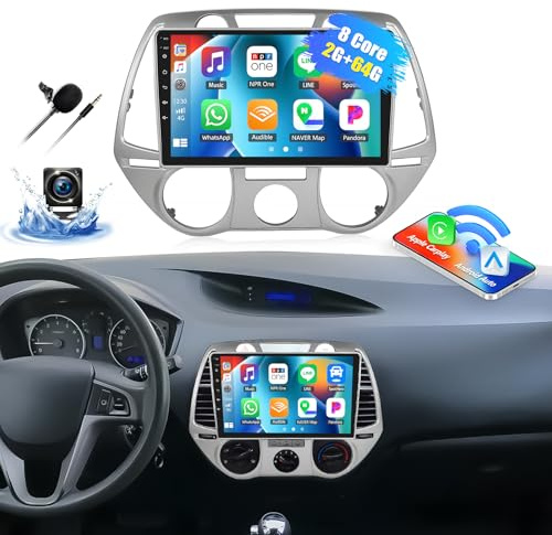 CAMECHO 8-Core 2G+64G Android Car Stereo for Hyundai i20 2008-2012 with Wireless CarPlay Android Auto 9 IPS Touch Screen Car Radio with DSP GPS FM Bluetooth 5.0 HD Backup Camera Head Unit (Manual AC)