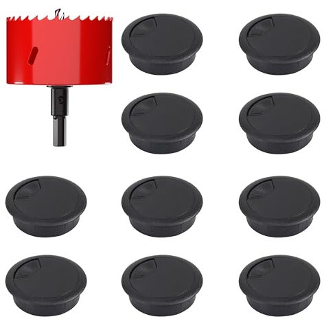 Kabeldurchführung Schreibtisch, 10 Stück 60mm Kabeldurchlass mit 1 Lochsäge, Kabeldurchführung Tisch Rund, Kabeldurchlass Kabel Durchführungen für Tisch Büro Arbeitsplatten(Schwarz)