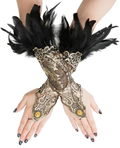 MorLuks Spitzenhandschuhe Federn Gold, Lange Handschuhe Spitze Fingerlose, Handschuhe 20er Jahre Damen, Handschuhe Karneval für Hochzeit Halloween Fasching Cosplay Party