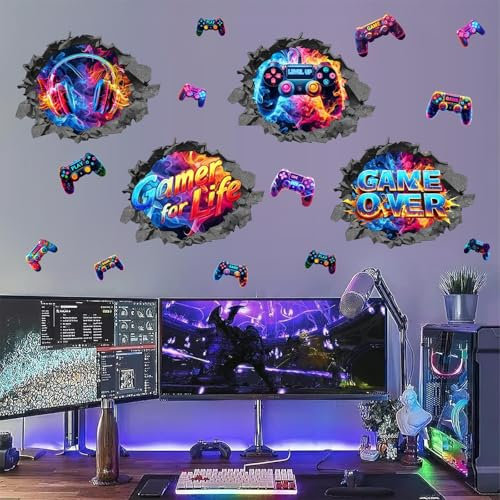4 PCS Gamer Wall Decals 3D Broken Wall Stickers Decals for Teenager Boys Room Game Controller Wall Sticker Decor Colorful Gaming Wall Stickers Video Game Wall Art Murals for Kid Bedroom Playroom Gift