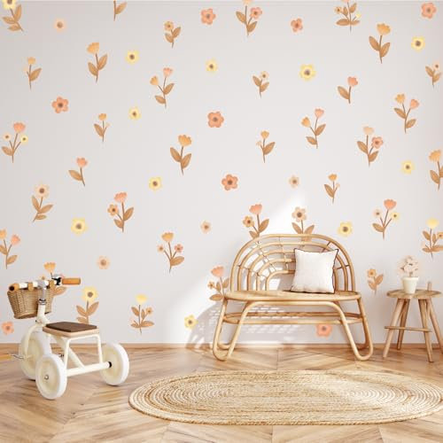 Wally Fox - Wandtattoo Kinderzimmer - Kinderzimmer Deko - Wandtattoo Kinderzimmer Mädchen - Wanddeko - Blumen - Braun, Gelb, Orange, 61 Stück