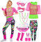 80er 90er Jahre Outfit Damen 20 Stück 80iger Retro Kostüm Off Shoulder Netzshirt Frauen Leggins Neon Kleidung Zubehör Set Bauchtasche Ohrring Netzhandschuhe Armband Bad Halskette Taste Outfit VL022-L