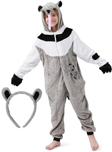corimori Flauschiges Ameisenbär-Kostüm für Kinder mit Haarreif | Karneval Fasching Kostüm Onesie für Mädchen, Jungen | Körpergröße 90-110cm