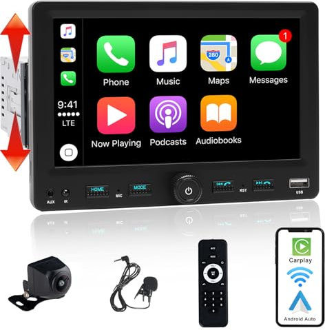 Alondy Autoradio 1Din mit 7 Zoll einstellbar Bildschirm, Kompatibel mit [Wireless] Apple CarPlay/Android Auto Bluetooth Typ-C USB(3A Schnellladung) AM/FM/RDS Radio Rückfahrkamera AUX SD