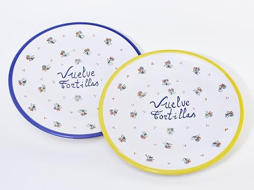 Plato Tapa Giratortillas Con Agarradera de Cerámica Artesanal Talavera Pintada a Mano 28 cm (Amarillo)