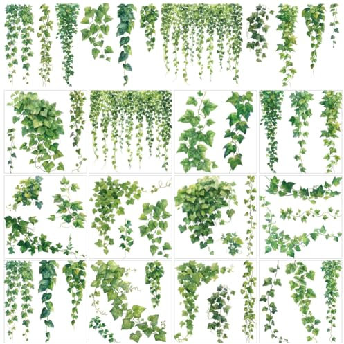 AHANDMAKER 12 Blatt Schöne Grüne Efeublätter Und Ranken Zum Aufreiben Grüne Pflanzen Dekorative Transferaufkleber Für Fenster Für Das Arbeitszimmer Wohnkultur 5.5x5.5