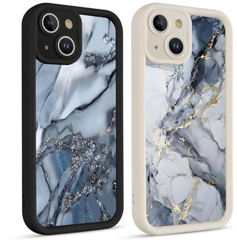 Coiwxmoi 2 Stück Handyhülle für iPhone 13 Hülle, Aesthetic Marmor Muster Design Mädchen Frauen Schutzhülle, Silikon Stoßfest Cover Erhöhte Displayränder Y2K Case für iPhone13 6,1, Schwarz Weiß