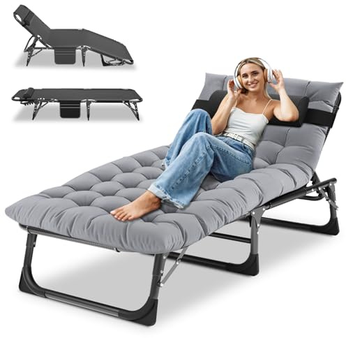 SUNYRISY Folding Sun Lounger for Garden, Adjustable Garden Recliners Deck Chair with Cushion and Headrest, Camping Bed for Adults 200KG Support Oversized Guest Bed for Patio Office and Beach