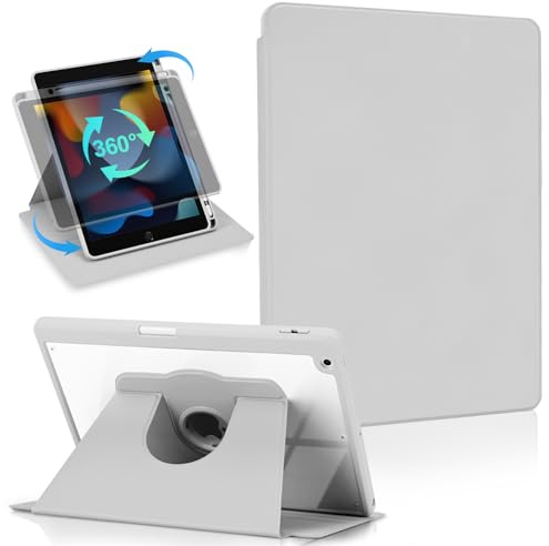 Koze Custodia Rotante per iPad 10,2 Pollici 9a / 8a / 7a Generazione 2021 2020 2019 con Portapenne, Protezione con 360 Gradi di Rotazione, Supporto Cover Retro Trasparente Antiurto Grigio Chiaro