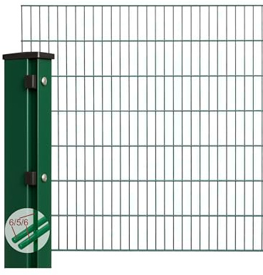 Zaunpaket Doppelstabmattenzaun 6/5/6 Komplettset Moosgrün RAL 6005 Zaunpfosten mit Abdeckleiste (Höhe 100 cm | Länge 10 m)