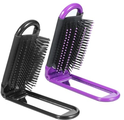 2 Stück Faltbare Haarbürste mit Spiegel, Tragbare Mini Reisebürste, Taschenformat Kamm für Fitnessstudio, Reise, Handtasche, Schwimmen(Schwarz, Lila)
